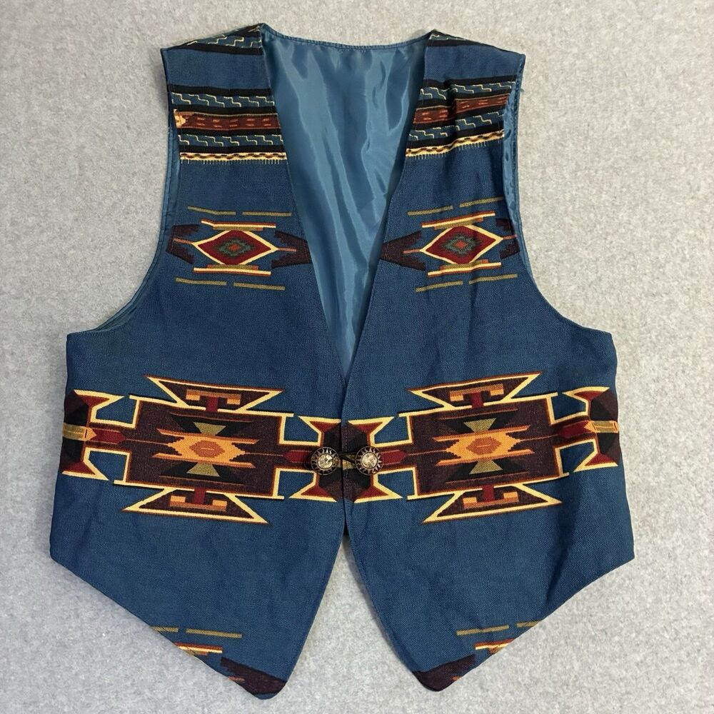 Vintage Southwestern Aztec Vest Womens M Blue Tribal Western Boho